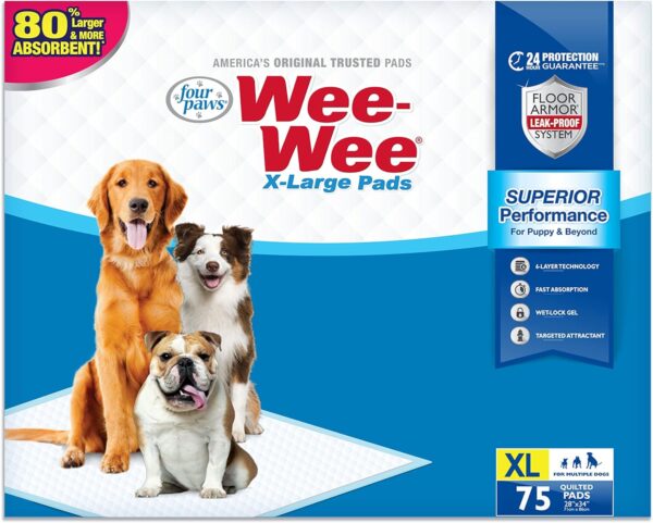 Four Paws Wee-Wee Superior Performance X-Large Dog Pee Pads - Dog & Puppy Pads for Potty Training - Dog Housebreaking & Puppy Supplies - 28" x 34" (75 Count),White