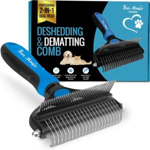 Fur Magic Deshedding and Dematting Comb Double Sided Undercoat Rake Pet Grooming Brush Removing Mats, Knots & Tangles for Dogs and Cats with Long and Medium Hair, Blue