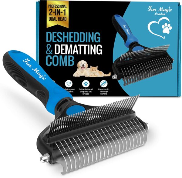 Fur Magic Deshedding and Dematting Comb Double Sided Undercoat Rake Pet Grooming Brush Removing Mats, Knots & Tangles for Dogs and Cats with Long and Medium Hair, Blue