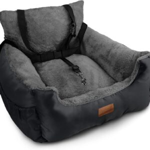 Furdreams Dog Car Seat (Black/Grey), Plush & Cosy Pet Car Booster Seat for Small Dogs & Cats with Storage Pocket, Car Dog Bed with Safety Leash, Waterproof Liner & Non-Slip Base,Dog Travel Bed