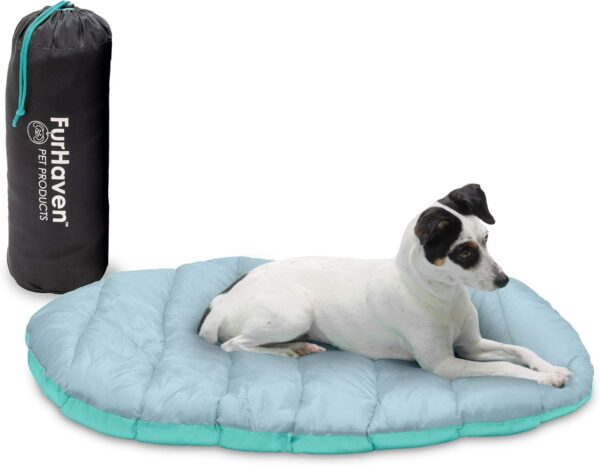 Furhaven Small Dog Bed Trail Pup Travel Pillow Mat w/Stuff Sack, Washable - Aqua/Granite Gray, Small