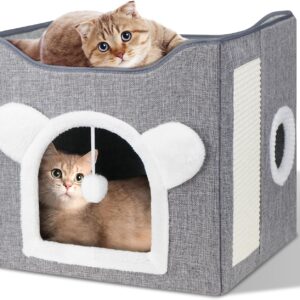 Furjoy Cat Beds, Large Cat Cave for Pet Cat House with Fluffy Ball Hanging and Scratch Pad, Cat Houses & Condos, Cat Cubes, Cat Hideaway, Covered Cat Bed for Multi Small Pet Large Kitty