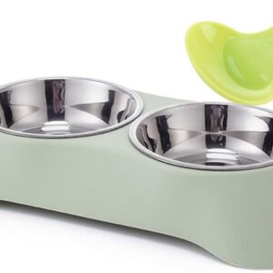 Fuwok Double Dog Bowl,Non Slip Non-spill Stainless Steel Double Bowl with 1 Pet Food Spoop For Small Dogs and Cats (S, Green)