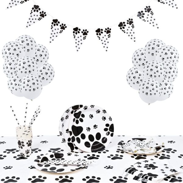 Fvomye 68 Pieces Dog Party Decoration Pet Dog Birthday Party Supplies Dog Paw Print Party Tableware Party Plates Cups Napkins Tablecloth Banner Straw Paw Print Balloons