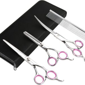 GEMEK Pet Grooming Scissors Set 4 Pieces Stainless Steel Pet Trimmer Kit Used for Dog Cat and More Pets - with 7.5-inch Cutting Scissors, Thinning Shear, Curved Scissors, Grooming Comb