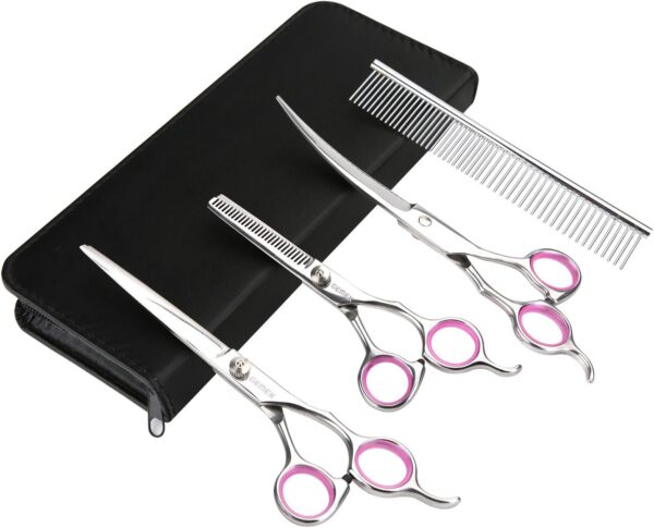 GEMEK Pet Grooming Scissors Set 4 Pieces Stainless Steel Pet Trimmer Kit Used for Dog Cat and More Pets - with 7.5-inch Cutting Scissors, Thinning Shear, Curved Scissors, Grooming Comb