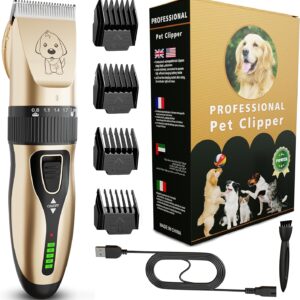 GLOBAL TECH Dog Clippers, Rechargeable Low Noise Cordless Pet Clippers for Dogs Cats and other Pets - Professional Dog Grooming Clipper Kit Shaver Trimmer Suitable for Thick Hair/Coats