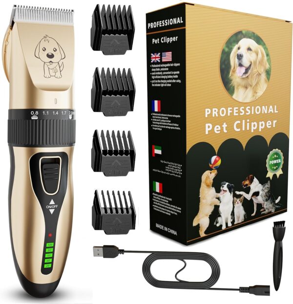 GLOBAL TECH Dog Clippers, Rechargeable Low Noise Cordless Pet Clippers for Dogs Cats and other Pets - Professional Dog Grooming Clipper Kit Shaver Trimmer Suitable for Thick Hair/Coats