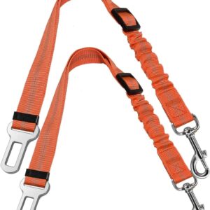 GoBuyer Dog Car Seat Belt for Pet Dogs Safety Harness Travel Accessories in UK, with Adjustable Heavy Duty Nylon and Anti Shock Elastic Bungee Buffer (Orange, Pack of 2)