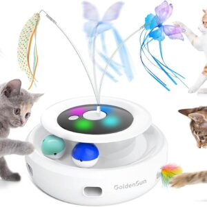 GoldenSun 3-In-1 Interactive Cat Toys for Indoor Cats Adult, Smart Cat Feather Toys, Rechargeable Power Cat Toys Balls & Handmade Butterfly Cat Toy, Cat Teaser with 6 Attachments