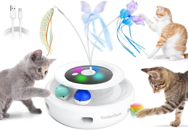 GoldenSun 3-In-1 Interactive Cat Toys for Indoor Cats Adult, Smart Cat Feather Toys, Rechargeable Power Cat Toys Balls & Handmade Butterfly Cat Toy, Cat Teaser with 6 Attachments