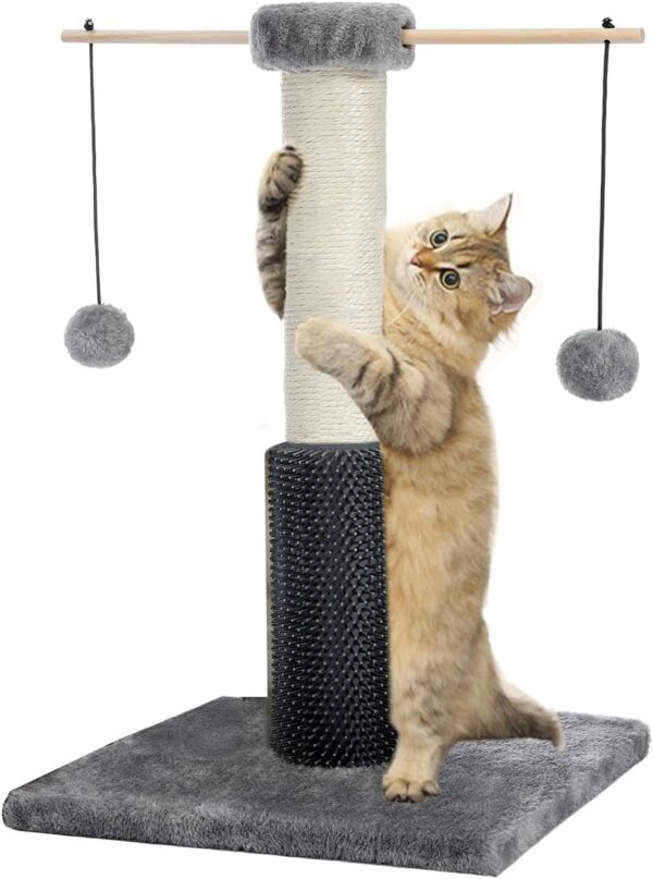 HOMYHANDS Cat Scratching Posts 53CM for Indoor Cats with Self Groomer Removable Pom Sticks, 22.4" Durable Sisal Cat Scratcher with 2 Dangling Balls,Cat Toys for Medium Cats Kittens (Grey)