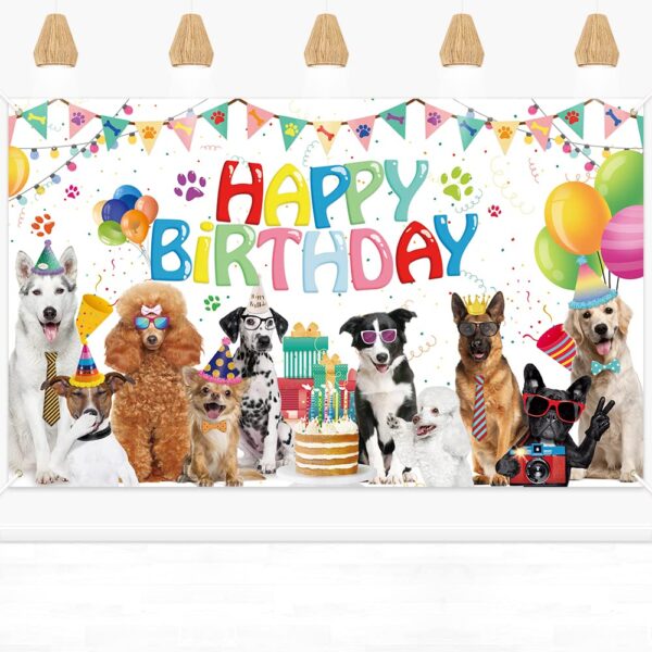 Happy Birthday Banner Backdrop, Dog Theme Birthday Backdrop, Lovely Pet Backdrop for Birthday Party Decoration Supplies 180 x 110 cm(