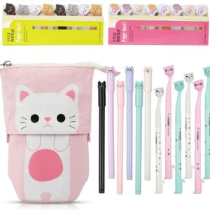 Hocadrv Cute Cat Stationery Set, 1 Canvas Cat Telescopic Pouch Bag 12 Cat Gel Ink Rollerball Pens with 0.5 mm Refill 240 Cat Notes Page Flags Index Tabs for Boys Girls Students and Office Supplies