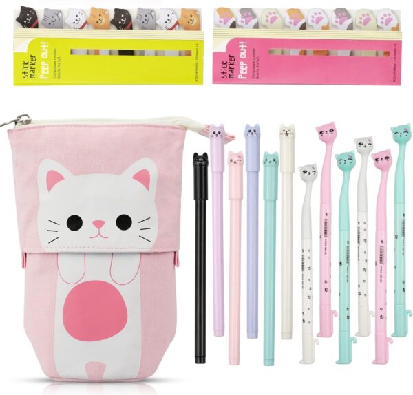 Hocadrv Cute Cat Stationery Set, 1 Canvas Cat Telescopic Pouch Bag 12 Cat Gel Ink Rollerball Pens with 0.5 mm Refill 240 Cat Notes Page Flags Index Tabs for Boys Girls Students and Office Supplies