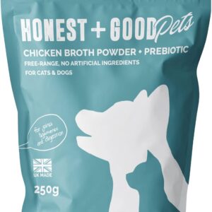 Honest + Good Pets UK's Chicken Bone Broth + Pre-biotic | Hip & Joint, Digestion, Gut for Dogs & Cats | Dog & Cat Bone Broth | High in Type II Collagen & Fibre | 50 Servings 250g