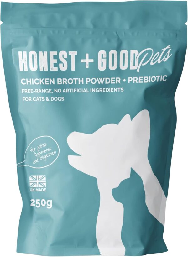 Honest + Good Pets UK's Chicken Bone Broth + Pre-biotic | Hip & Joint, Digestion, Gut for Dogs & Cats | Dog & Cat Bone Broth | High in Type II Collagen & Fibre | 50 Servings 250g