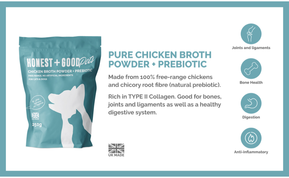 chicken bone broth prebiotic probiotic dogs cats joints diarrhoea diarrhea colitis gut pets