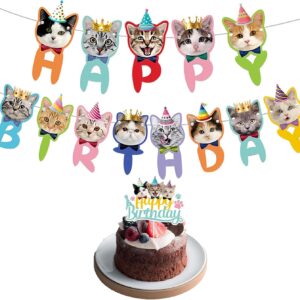 Huakaile Cat Birthday Decorations 2 Pcs, 1 Cat Happy Birthday Banner & 1 Kitty Cake Topper, Cute Kitten Face Cutouts Cat Themed Birthday Party Supplies for Girls Boys Cat Lovers…