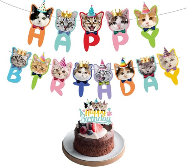 Huakaile Cat Birthday Decorations 2 Pcs, 1 Cat Happy Birthday Banner & 1 Kitty Cake Topper, Cute Kitten Face Cutouts Cat Themed Birthday Party Supplies for Girls Boys Cat Lovers…