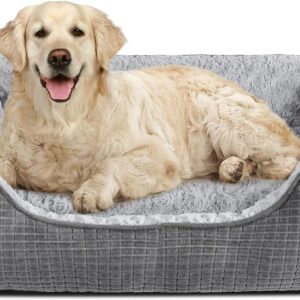 JOEJOY Extra Extra Large Dog Bed Washable Pet Bed, Rose Velvet Dog Bed Low Front Edge Dog Bed Non-Slip Bottom Puppy Bed, Orthopedic Calming Pet Bed For Labrador, Golden Retriever, Grey, 107x76x25 cm