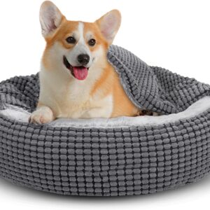 JOEJOY Round Dog Bed Calming Donut Cuddler Pet Bed for Large Medium Small Dogs, Warm Puppy Hooded Dog Cave Bed Cat Bed Medium Washable with Breathable Fluff, Fits Up To 25/30lbs Pets