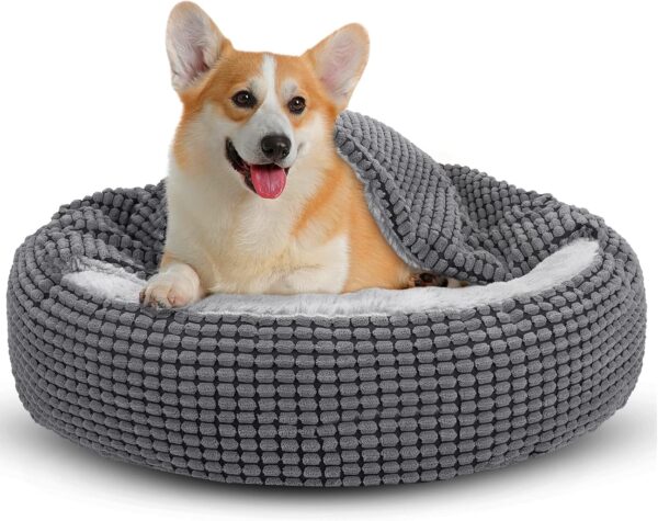 JOEJOY Round Dog Bed Calming Donut Cuddler Pet Bed for Large Medium Small Dogs, Warm Puppy Hooded Dog Cave Bed Cat Bed Medium Washable with Breathable Fluff, Fits Up To 25/30lbs Pets