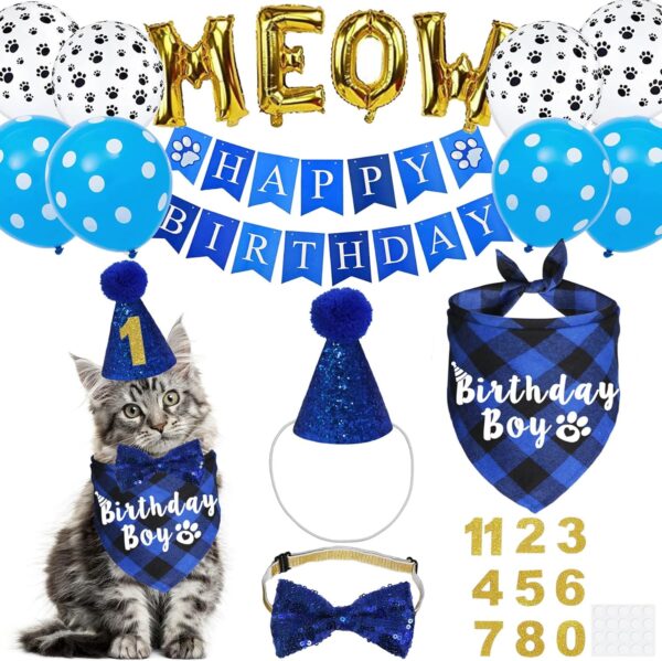 JOTFA Cat Birthday Party Supplies, Kitten Bandana with Hat Bow Tie Number Banner Balloons Meow Letter for Decorations, Blue