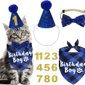 JOTFA Cat Birthday Party Supplies, Plaid Cat Kitten Birthday Boy Bandanas with Cat Birthday Hat Cat Bow Tie Birthday Number for Cat Kitten Birthday Decorations