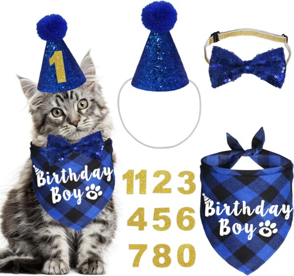 JOTFA Cat Birthday Party Supplies, Plaid Cat Kitten Birthday Boy Bandanas with Cat Birthday Hat Cat Bow Tie Birthday Number for Cat Kitten Birthday Decorations