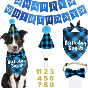 JOTFA Dog Birthday Party Supplies, Plaid Dog Birthday Boy Bandanas with Dog Birthday Party Hat Bow Tie Birthday Number for Small Medium Large Dogs Pets (Light Blue)