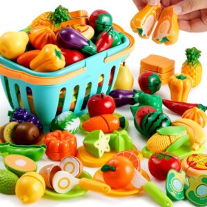 JOYIN 71Pcs Cutting Play Food Toy for Toddlers Kitchen, Fake Food for Kids Play Kitchen, Includes Plastic Fruit &Vegetables, Storage Basket, Mini Dishes and Knife, Pretend Play Toys, Toddler Gifts