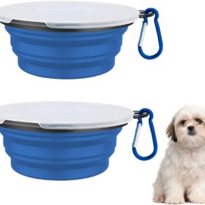 JVHLOV Pack of 2 Foldable Travel Bowls, Silicone Collapsible Pet Dog Cat Food Water Bow, Pet Dog Bowl with Lid and Hook