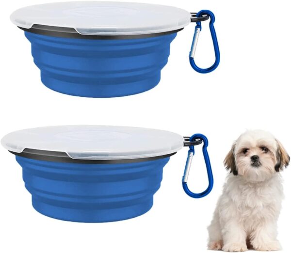 JVHLOV Pack of 2 Foldable Travel Bowls, Silicone Collapsible Pet Dog Cat Food Water Bow, Pet Dog Bowl with Lid and Hook