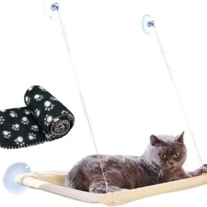 JZK Window mounted cat basking hammock + cat blanket, suction cup pet hanging bed and pet black blanket for cat perch