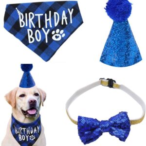 LAWALEISHE 3pcs Dog Birthday Party Supplies, Plaid Dog Birthday Bandana Boy Scarf and Reusable Dog Birthday Hat Bow Tie Collar, Birthday Number for Pet Puppy Cat Birthday Outfit Decorations