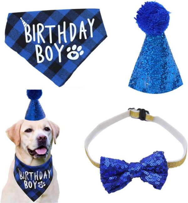 LAWALEISHE 3pcs Dog Birthday Party Supplies, Plaid Dog Birthday Bandana Boy Scarf and Reusable Dog Birthday Hat Bow Tie Collar, Birthday Number for Pet Puppy Cat Birthday Outfit Decorations