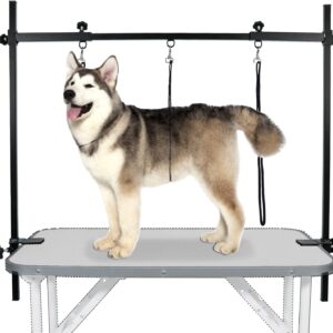 LEIBOU Dog Grooming Arm H-Shape Pet Dog Grooming Table Arm with 3 Noose and Clamp for Dogs and Cats Heavy Duty Aluminum Alloy Frame with 35.4” Adjustable Height and 36.2” ~ 50” Adjustable Width