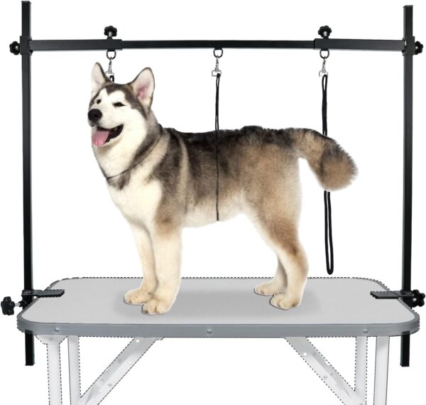 LEIBOU Dog Grooming Arm H-Shape Pet Dog Grooming Table Arm with 3 Noose and Clamp for Dogs and Cats Heavy Duty Aluminum Alloy Frame with 35.4” Adjustable Height and 36.2” ~ 50” Adjustable Width