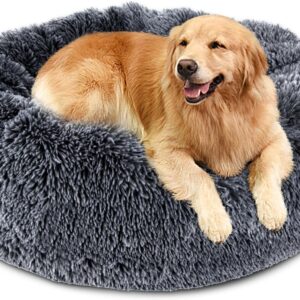 MASTERTOP Dog Bed, Donut Dog Bed Large, 76cm Round Soft Fluffy Dog Bed with Non-slip Bottom, Anti-Anxiety Cuddler Washable Calming Dog Beds for Small Medium Large Dogs Cats Pets - Grey