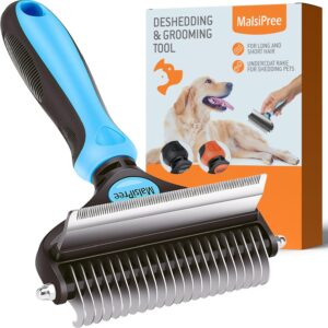 MalsiPree Dog Grooming Brush for Shedding - 2 in 1 Deshedding Tool and Undercoat Rake for Long and Short Haired Dogs with Double Coat - Dematting Comb and Pet Hair Deshedder Supplies (Large, Blue)