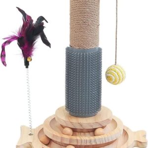 Marchul 5 in 1 Cat Toys, Cat Sisal Rope Scratching Post with Hanging Ball, Interactive Track Toy Ball for Cat with Springy Feather, Cat Massaging Scratch Post for Indoor Playing