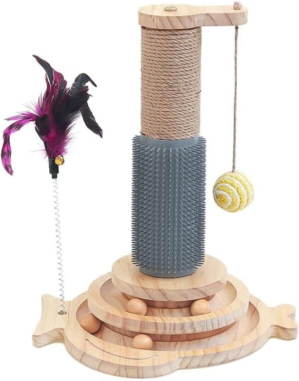 Marchul 5 in 1 Cat Toys, Cat Sisal Rope Scratching Post with Hanging Ball, Interactive Track Toy Ball for Cat with Springy Feather, Cat Massaging Scratch Post for Indoor Playing