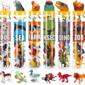 Mini Animal Figure Toys in Tubes 82 Piece Set,Assorted Mini Dinosaur Insect Ocean Sea Animal Farm Animal Jungle Animal Dog Figure, Realistic Vinyl Plastic Zoo Play Set, Small Toys for Cupcake Topper