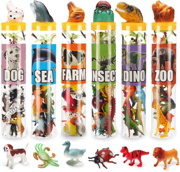 Mini Animal Figure Toys in Tubes 82 Piece Set,Assorted Mini Dinosaur Insect Ocean Sea Animal Farm Animal Jungle Animal Dog Figure, Realistic Vinyl Plastic Zoo Play Set, Small Toys for Cupcake Topper