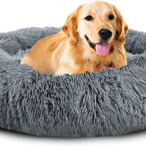 Mirkoo Dog Beds Calming Donut Pet Bed Washable Anti Anxiety Faux Fur Pet Bed, Round Fluffy Plush Dog Bed for Large Medium Small Dogs (L/XL/XXL/XXXL)