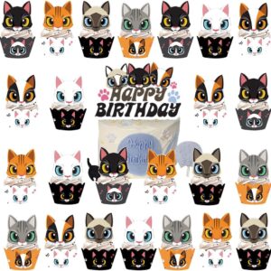 MiuxE 48Pcs Cat Cake Toppers, Cat Birthday Party Decoration, Cat Birthday Cake Decorations, Cute Cat Themed Decoration, Happy Birthday Party Supplies, Cake Decorations Supplies