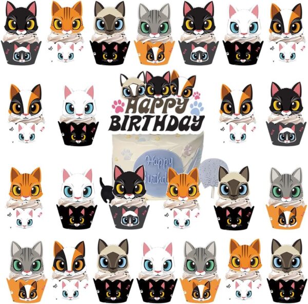 MiuxE 48Pcs Cat Cake Toppers, Cat Birthday Party Decoration, Cat Birthday Cake Decorations, Cute Cat Themed Decoration, Happy Birthday Party Supplies, Cake Decorations Supplies