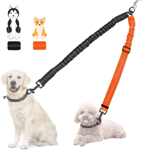 Nasjac Double Dog Leash Coupler, No Tangle Split Lead for Walking 2 Pet Dogs, Adjustable Reflective Safety Shock Absorbing Bungee Leads Splitter for Training Dual Doggy, Medium & Large Breeds