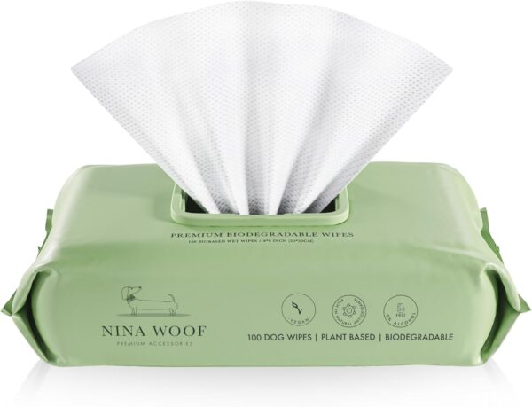 Nina Woof Premium Dog Wipes - Alcohol-Free Plant-Based Cleaning Wipes for Dogs and Cats - Pet Friendly, Eco-Friendly, Biodegradable, Non-Scented. Wipes with Aloe Vera for Pet Care – 100 Wipes